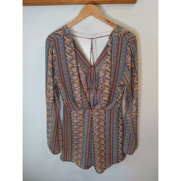 Lush Pants - LUSH Paisley Print Romper Long Sleeve Boho Tie Back Size L Tan Brown Burgundy